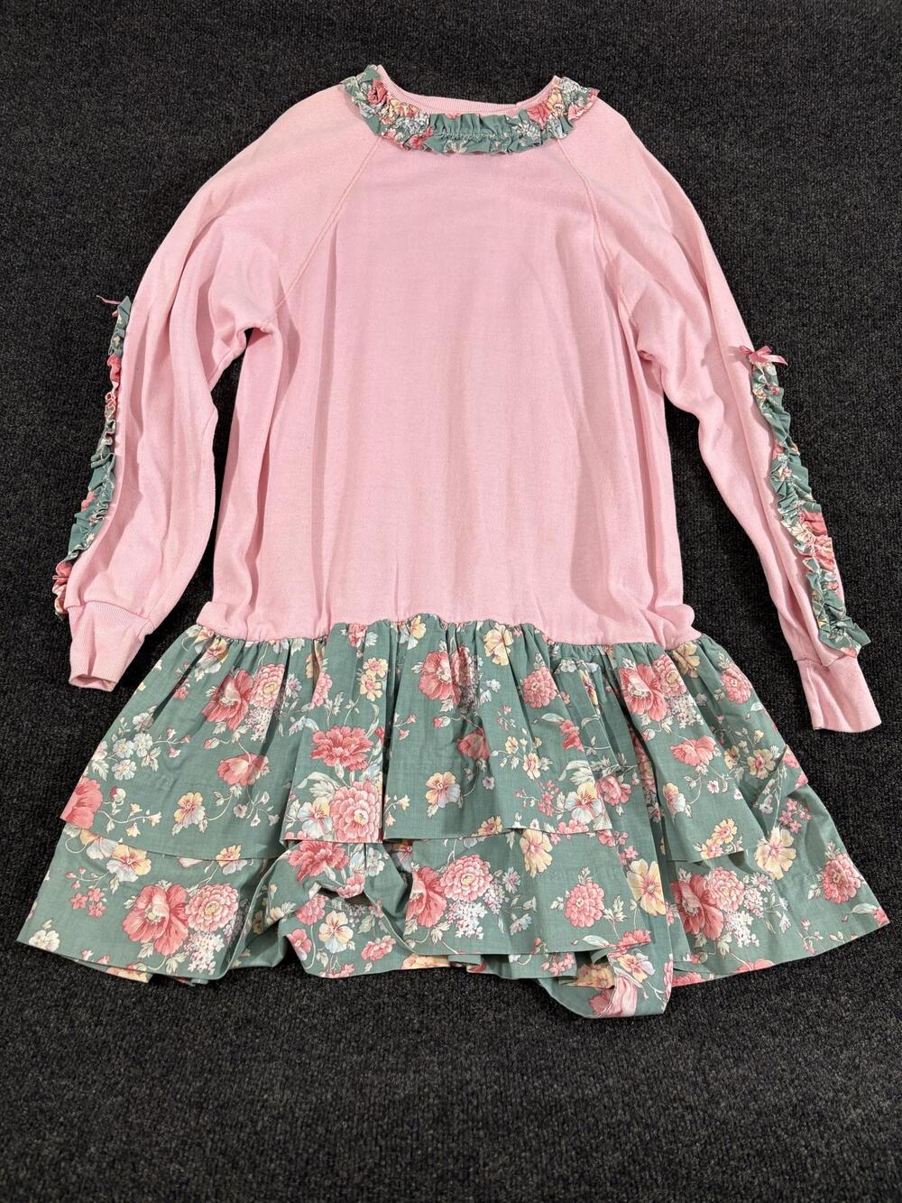 Vintage Bassett-Walker Sweater Dress Womens XL Pink Floral Drop Waist Ruffle